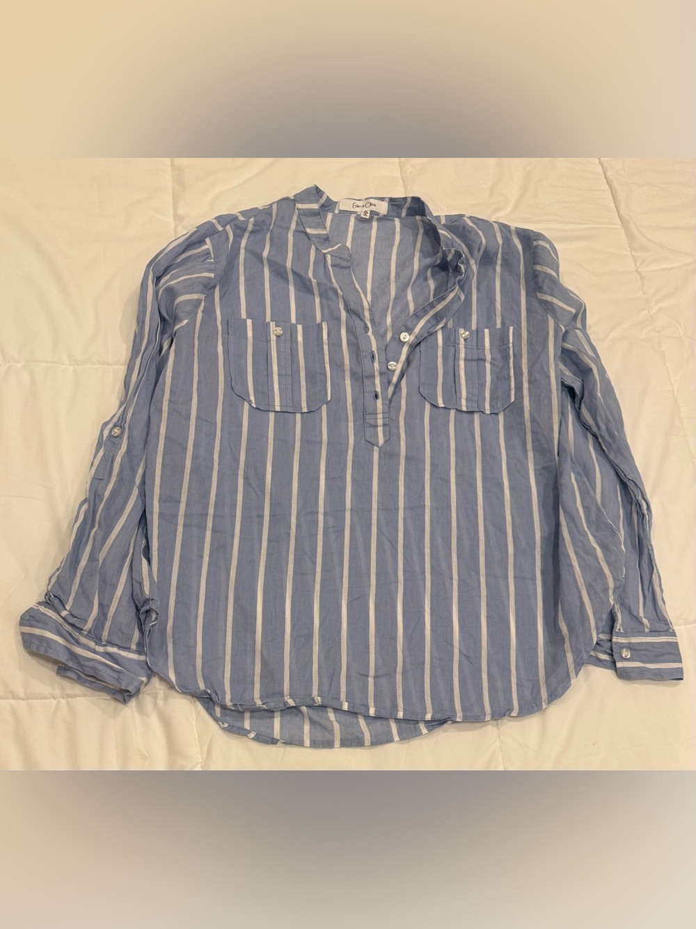 Eden & Olivia Blue White Striped Roll Tab Blouse Tunic Cotton XL